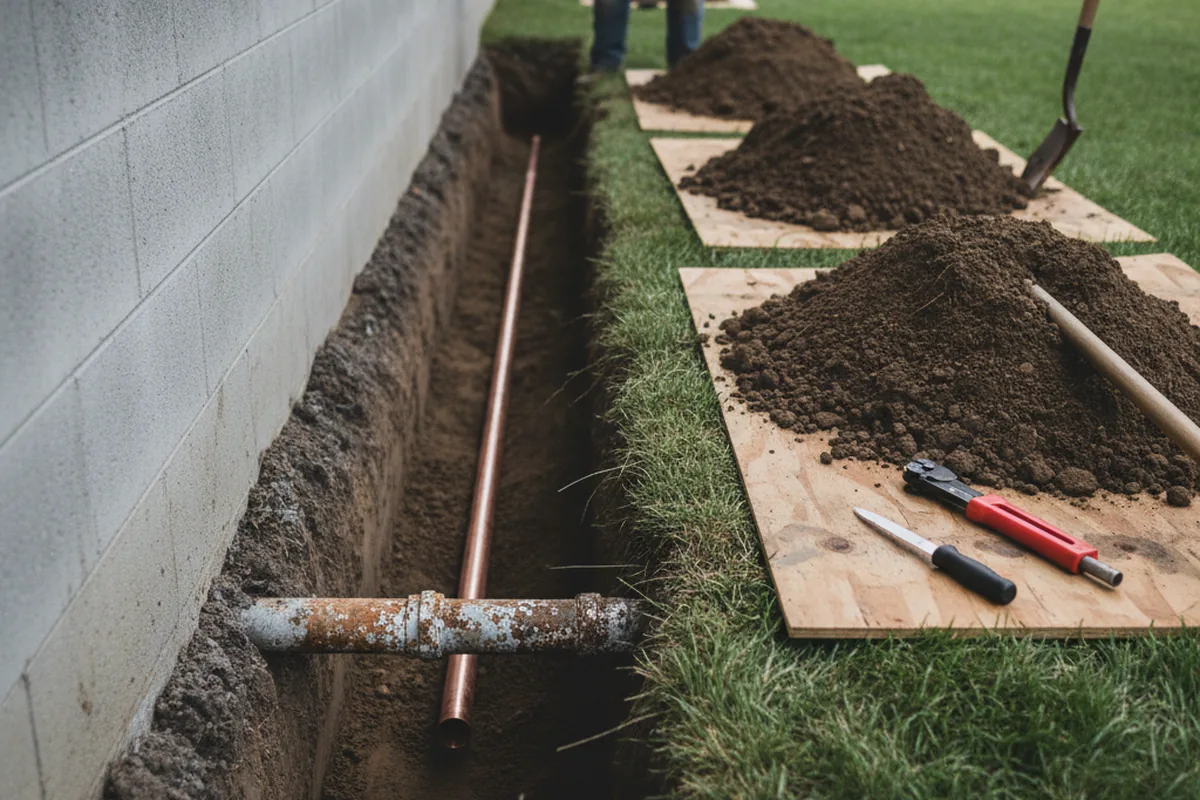 Excavated water line trench during Sewer Line Repair in Lawn